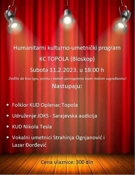 U prostorija KC Topola 11.februara organizuje se Humanitarni kulturno-umetnički program!